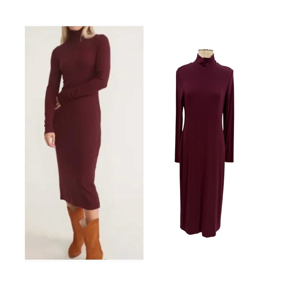 Marine Layer Lexi Mockneck Midi Dress Merlot Ribbed Tencel Soft Stretch Large
